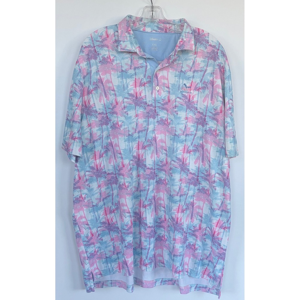 Johnnie-O Winghaven Polo Shirt Mens XXL Pink Blue Palm Tree Tropical Golf Perf